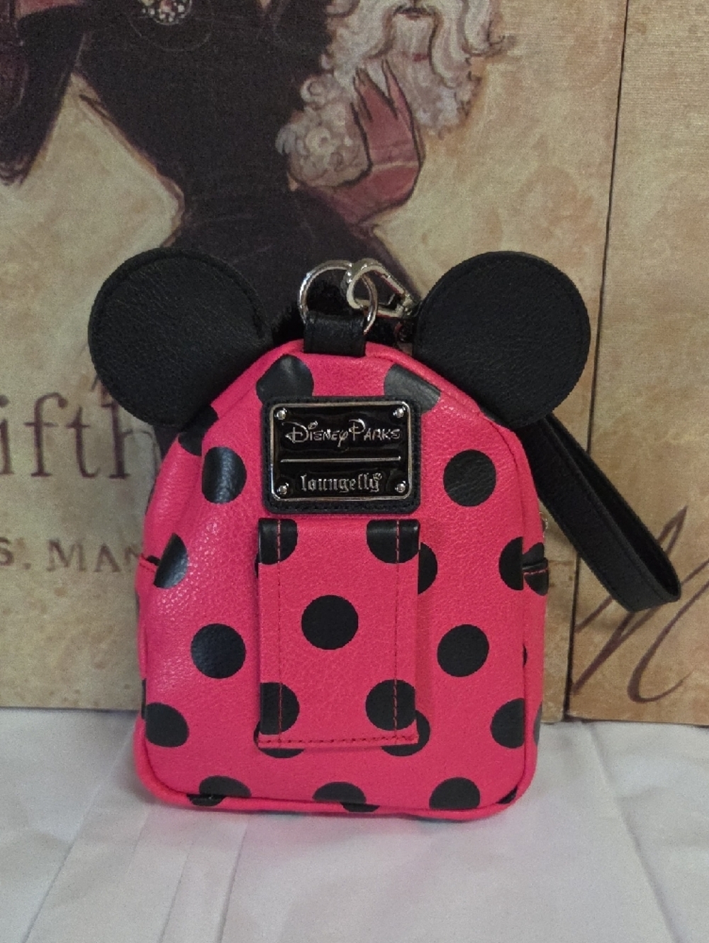Loungefly Pink and Black Polka Dot Micro  Backpack with Sequin Bow Ears - Picture 3 of 8
